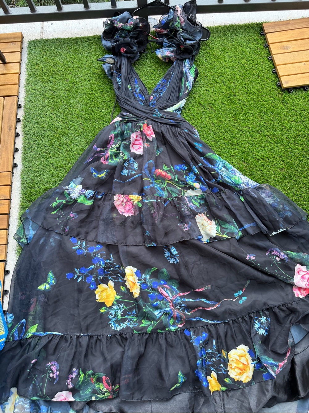 Mac Duggal Black Maxi Dress with Multicolor Floral Print